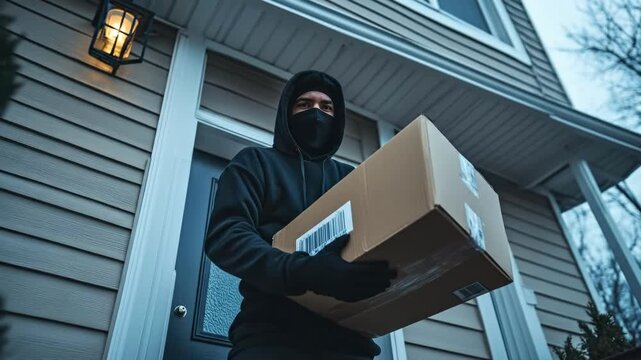 Masked man delivering package to house on cloudy day