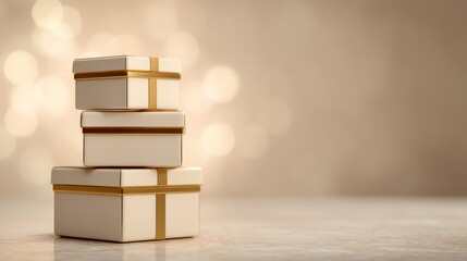 Ivory gift boxes arranged on soft background for holiday giving