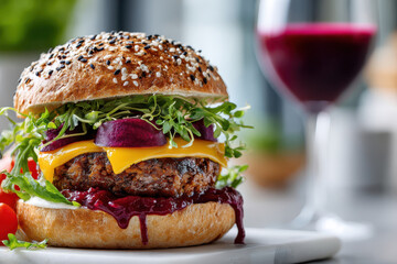 Gourmet burger with beet, cheese, and a glass of red wine