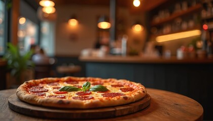 Tasty pepperoni pizza sits on wooden table in pizzeria or restaurant. Fresh basil leaves decorate hot dish. Concept for culinary blog. Copy space for text, advertisements or marketing materials.