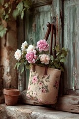 Colorful Flowers in a Bag Hanging on an Old Wooden Door With Rustic Charm