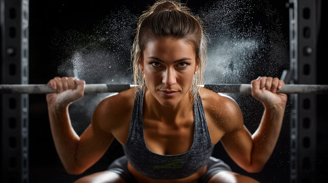 Athletic woman doing barbell squat in power rack, focused expression, chalk dust in air, dramatic lighting, with copy space - Powered by Adobe