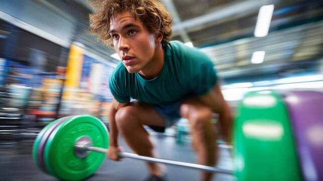 Young man performing deadlift on platform, bumper plates, dynamic motion blur, strength training scene, with copy space