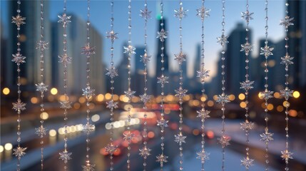 Glass snowflake curtain beside winter city skyline with coffee and tea beverages