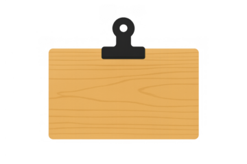 Blank wooden clipboard message board with a black clip, providing copy space for notes or announcements on transparent background