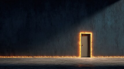 Concrete wall door with warm LED Christmas lights