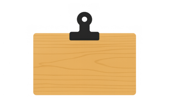 Blank wooden clipboard message board with a black clip, providing copy space for notes or announcements on transparent background