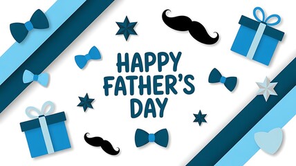 Happy fathers day greeting card with blue gifts, bow ties, and mustaches isolated on white background for celebration