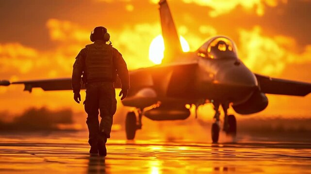 Military pilot walking towards fighter jet at sunset on airstrip