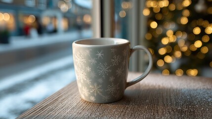 White mug with snowflake pattern on sugar-dusted table background texture