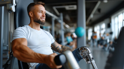 Adaptive athlete training with prosthetic leg on leg curl machine, inclusive fitness, respectful portrait, with copy space