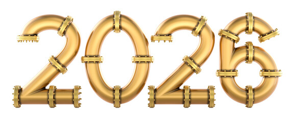 2026 number from copper bronze pipes, 3D rendering
