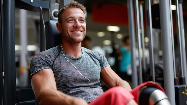 Adaptive athlete training with prosthetic leg on leg curl machine, inclusive fitness, respectful portrait, with copy space