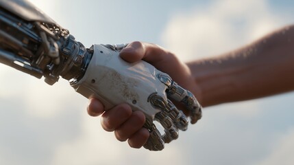 Robot and human shake hands under a clear blue sky in a hopeful moment for technology