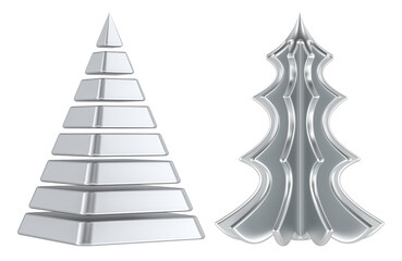 Metallic Christmas Tree shapes segmented and wavy. 3D rendering