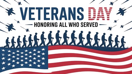 Veterans day honoring all who served with soldiers silhouettes and american flag in the foreground, a patriotic tribute to veterans