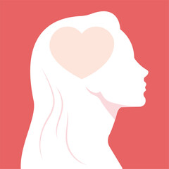 Woman profile silhouette with a heart shape inside the head. Love  affection feelings concept. Pale pink and white against a bold red background. Minimalist, flat vector style.