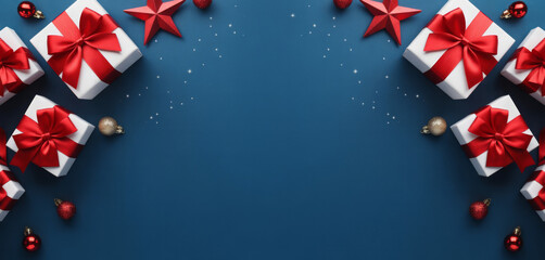 Merry Christmas and Happy Holidays greeting card, frame, banner. New Year. Noel. Red and white Christmas decorations and gifts on blue background top view. Winter xmas holiday celebration theme.