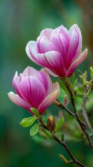 Obraz premium Beautiful Pink Magnolia Blossoms in Spring Bloom Under Soft Sunlight in a Garden Setting