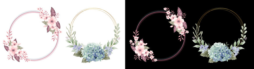 PNG image of Watercolor floral wreaths with pink blossoms and blue hydrangeas for wedding invitations and greeting cards creating a delicate and elegant design element on transparent background