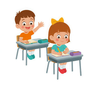 Two happy kids studying at desk with book and pencil smiling at school cartoon illustration 
