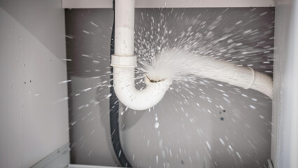 Emergency plumbing problem showing a burst white plastic pipe under a sink, with water spraying...