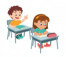 Two happy kids studying at desk with book and pencil smiling at school cartoon illustration
