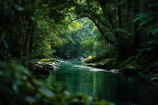 A river flows through a lush green forest with trees forming a natural canopy above the water body - Powered by Adobe