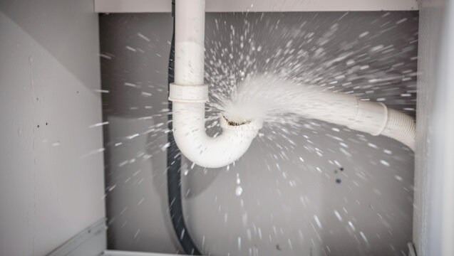 Emergency plumbing problem showing a burst white plastic pipe under a sink, with water spraying out, leading to potential flooding and damage