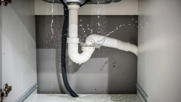 Close-up of a damaged and leaking sink pipe under a cabinet, with water splashing and dripping, illustrating an urgent plumbing repair issue