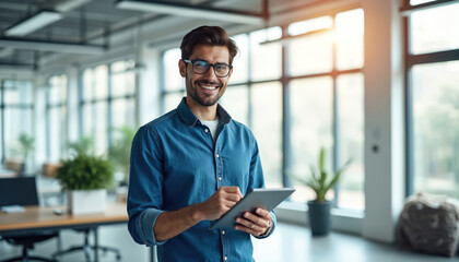 Man in modern office uses tablet. Confident person holds digital device. He smiles in coworking space. Male employee works online. Business person uses tech indoors by the window enjoys sunlight.