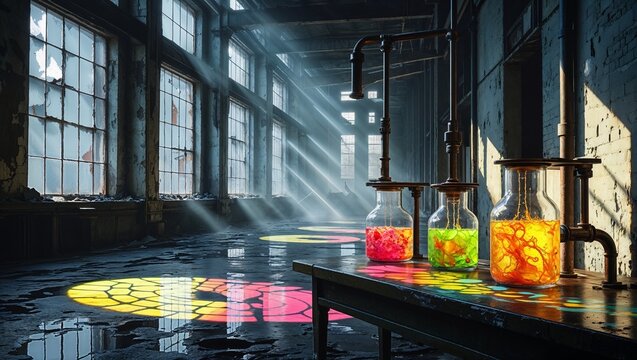 Sunbeams pierce a derelict industrial lab, illuminating vibrant chemical flasks that cast glowing, geometric reflections onto the wet, abandoned floor.