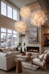 Fototapeta premium Elegant Holiday Living Room With Star-Shaped Decorations and Cozy Fireplace Glowing