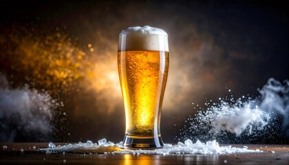 Glass of cold beer with foam and ice