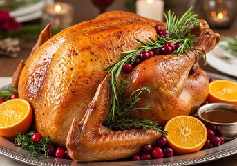 Deliciously roasted golden brown turkey with cranberries rosemary and orange slices for a festive holiday meal
