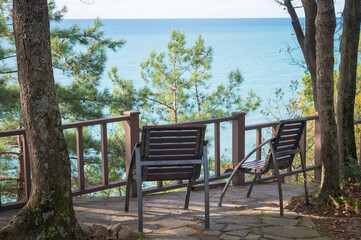 A view from above of the seascape. A stone path to the sea. A cozy chair among evergreen trees. A natural observation deck.	