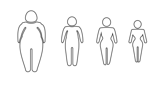 A man or woman diets and exercises from fat to fitness series frontal view. Figure and size person, body index mass. Vector