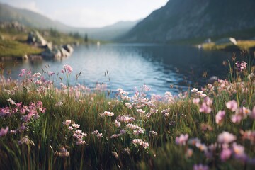 Scenic view of a mountain lake with wildflowers in the foreground on a bright sunny day outdoors