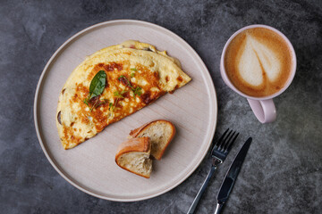 Delicious Cheese Omelette On Plate With Toast And Morning Coffee Scene