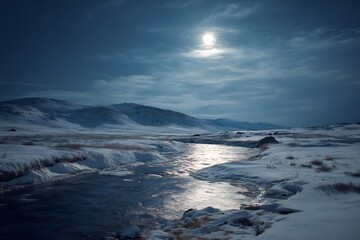 Icy stream flows through a snow covered landscape under a bright moon with cloudy blue sky above