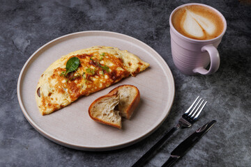 Delicious Cheese Omelette On Plate With Toast And Morning Coffee Scene