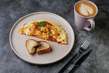Delicious Cheese Omelette On Plate With Toast And Morning Coffee Scene