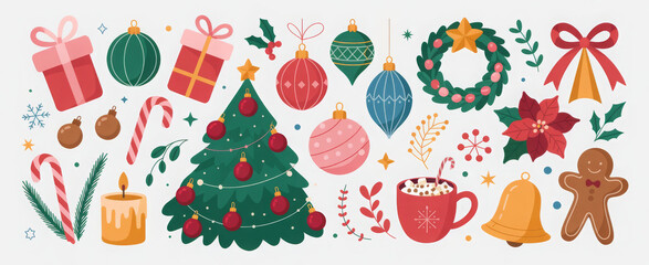 Christmas hand drawn cute vintage doodle elements. Christmas tree, gift, star, bows, candy cane, baubles, cacao, confetti, snowflake, holly. Holiday retro decorations. Vector illustration. 