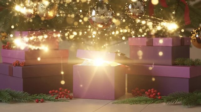Animated Christmas gift opening sequence with sparkling light from purple box. Festive holiday decorations including golden bells berries and twinkling lights. video footage video footage