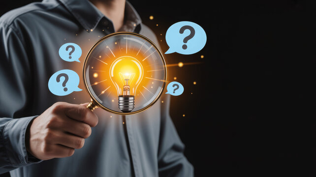 Businessman holding magnifying glass with glowing light bulb and question marks, representing problem solving, finding solutions, critical thinking, and innovative decision making. - Powered by Adobe