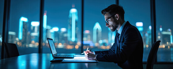 Businessman works on laptop in office at night. Man in suit signs document. Modern office design with night cityscape view from the window. Business and tech concept.