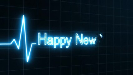 Happy New Year Text on Blue ECG Monitor Heartbeat Line Background