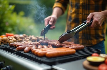 Person grilling sausages on a barbecue outdoors. Man using tongs to cook meat and vegetables. Outdoor cooking during summer. Friends gathering enjoying party or picnic with food.