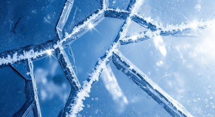 Abstract blue texture of cold winter icicles on a roof with a light frost pattern