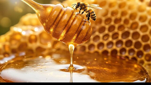 Honey dripping from honeycomb with bee closeup